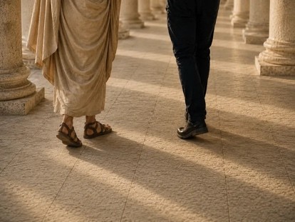 Les jambes de 2 personnes vue de dos: une personne en toge et l'autre en costume